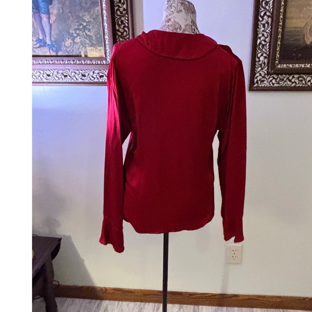 Vintage HABITAT Red Silky Button Down Long Sleeve Collared Blouse Shirt - Picture 8 of 10